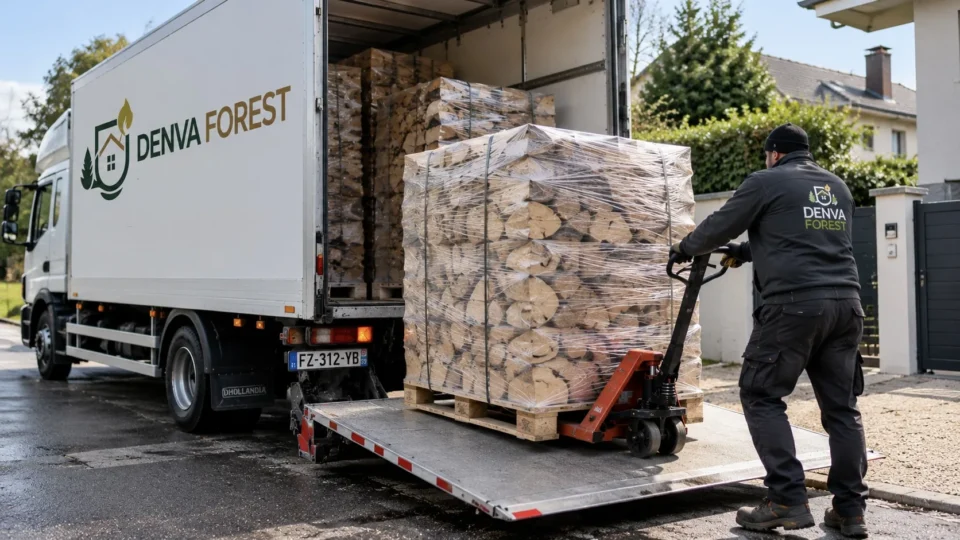 Autista DENVA Forest che scarica un pallet di legna da ardere con il transpallet dalla sponda del camion