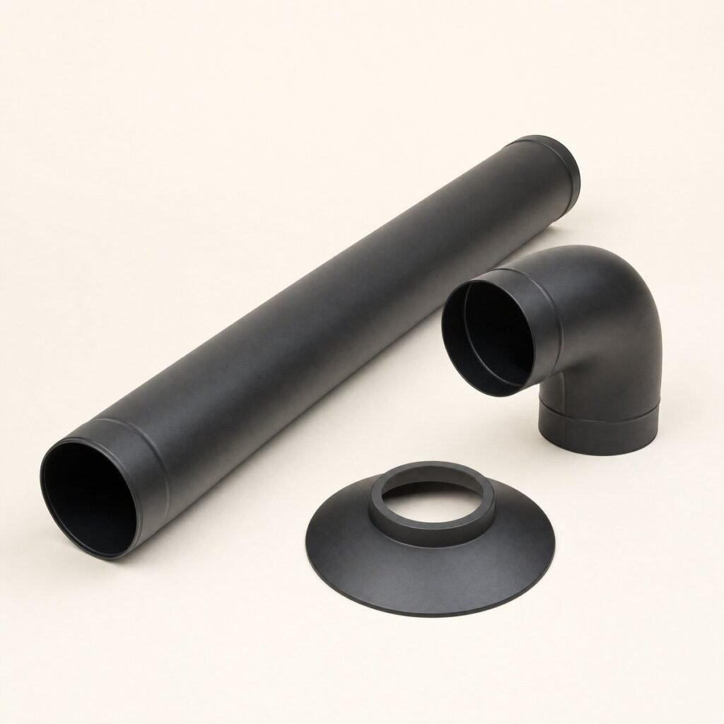 Kit tubo per stufa nero: tubo, curva 90° e rosone