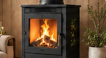 Poêle à bois allumé dans un intérieur