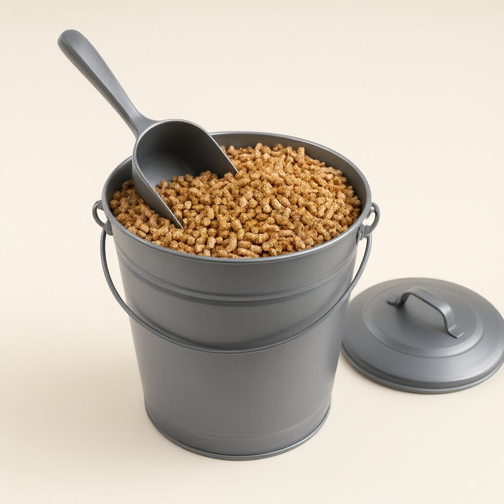 Secchio per pellet grigio con paletta e coperchio